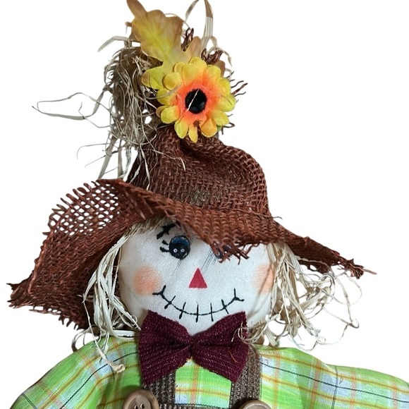 Fall Scarecrow Sitting on a Wooden Bench with a Pumpkin Autumn Scene Fall Decor - Picture 3 of 7